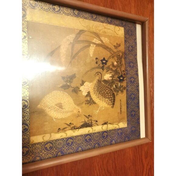 Tosa Mitsuoki Framed Woodblock Print Quail &Flowers Japan DAMAGED FRAME DISCOUNT - Picture 8 of 9
